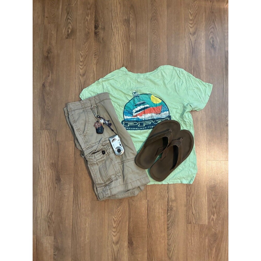 Columbia PFG Mens Large Mint Green Fishing Boat Graphic T-Shirt Short Sleeve